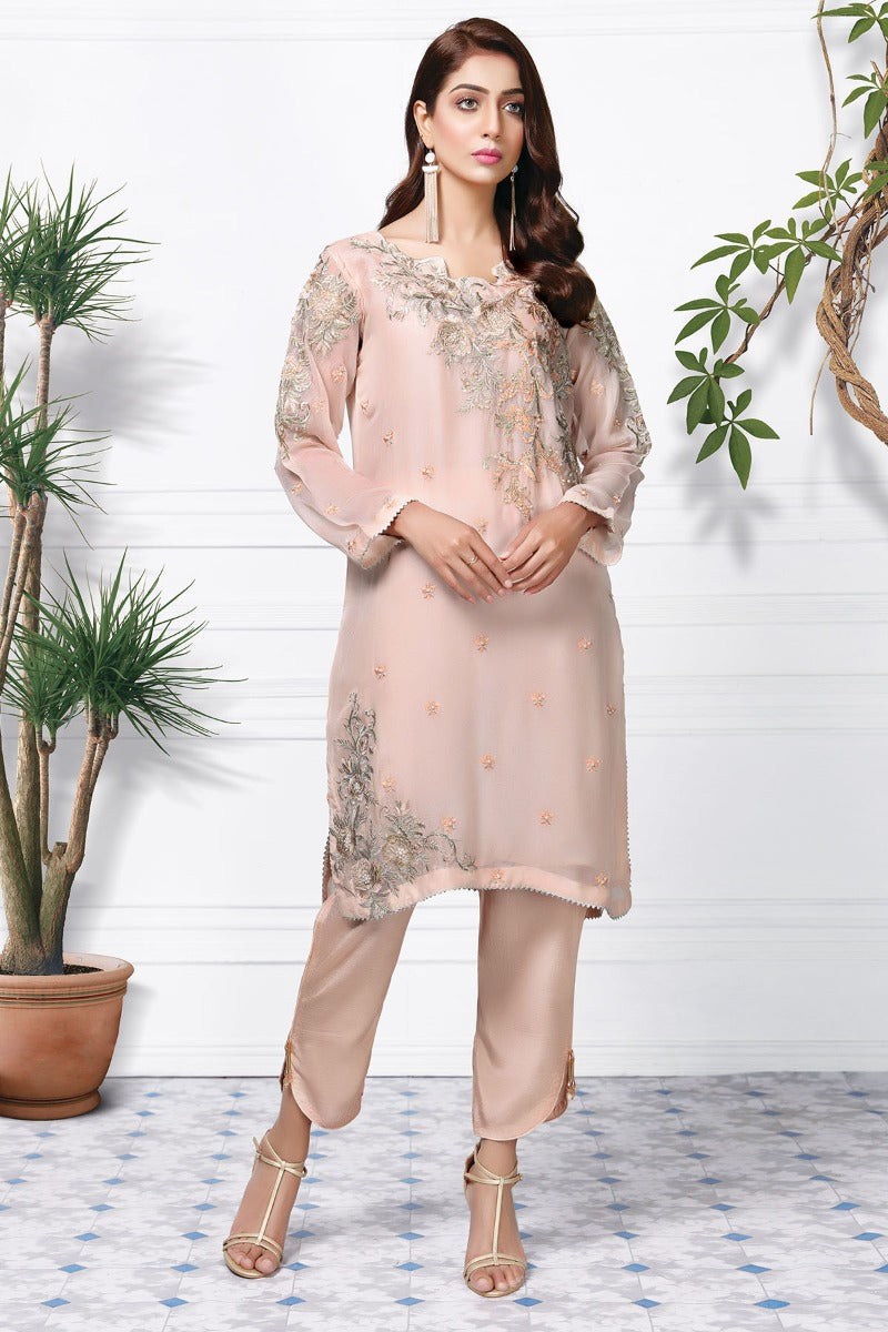 2361-PEACH EMBROIDERED CHIFFON STITCHED