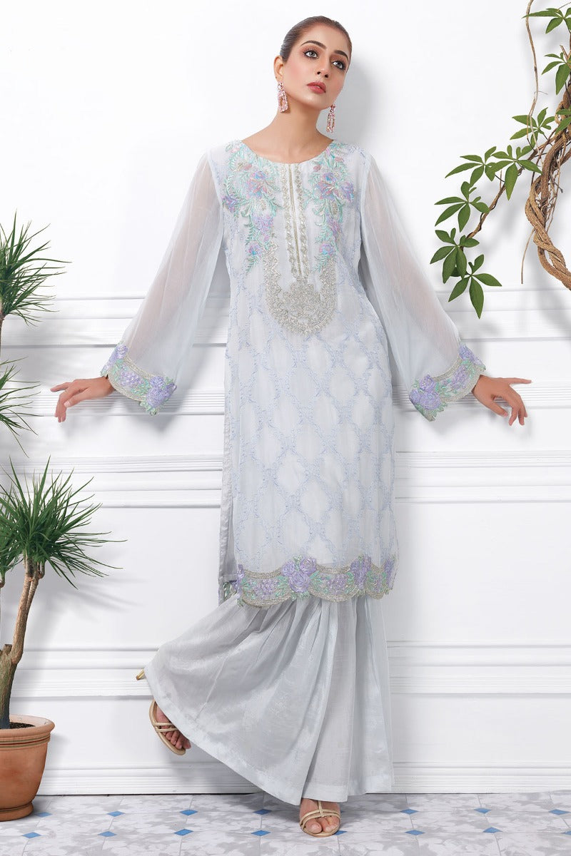 2363-SKY-BLUE EMBROIDERED CHIFFON STITCHED