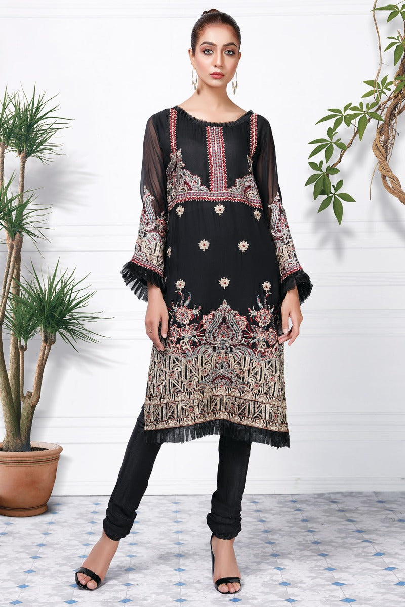2364-BLACK EMBROIDERED CHIFFON STITCHED