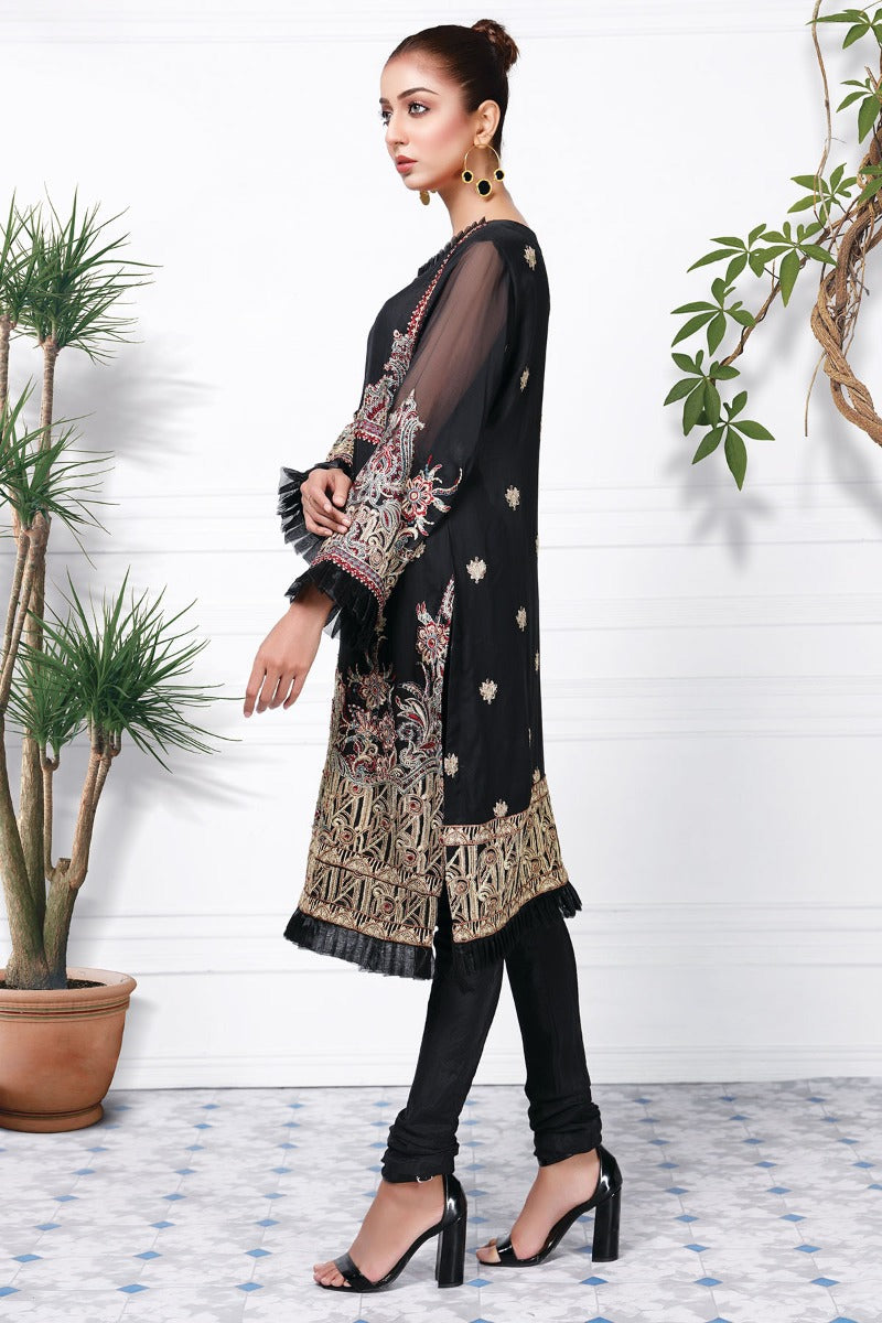 2364-BLACK EMBROIDERED CHIFFON STITCHED